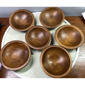 Vintage Teak Wood Brown 6 Soup/Salad Bowls Made in USA D=6.5" H=2"‎